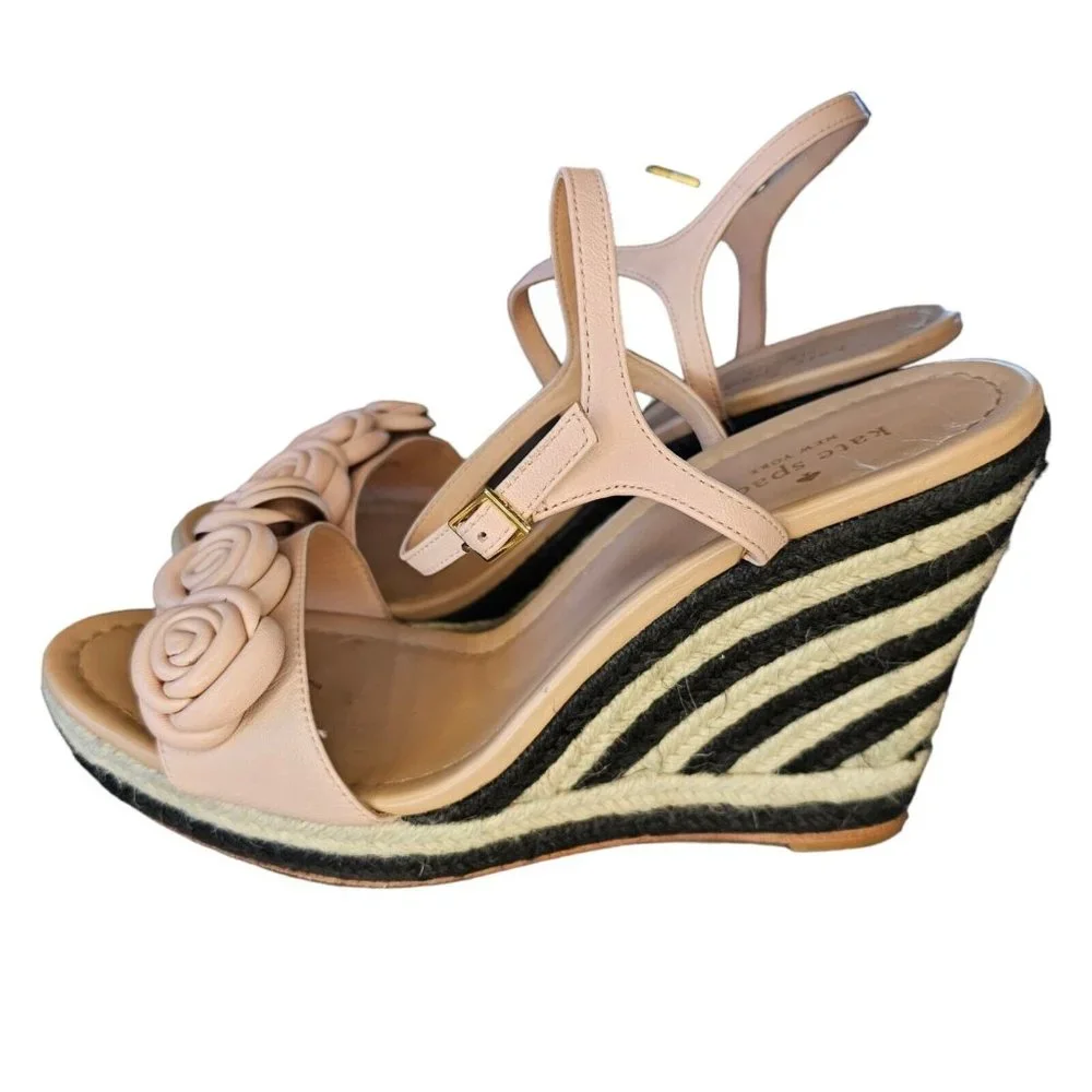 Kate Spade Jill Pink Puff Leather‎ Rosette Black White Woven Raffia Wedges Sz 10